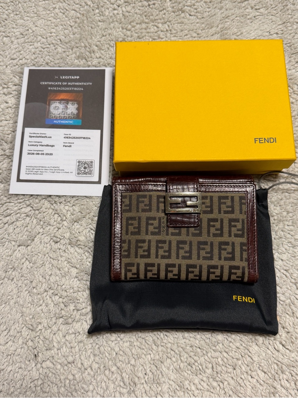 Authentic Fendi Brown FF Logo Canvas Bifold Wallet with Dark Brown Trim